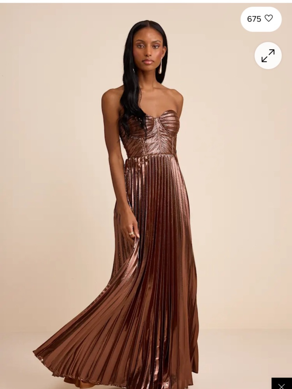 Lulu's Strapless Metallic Brown Pleated Gown